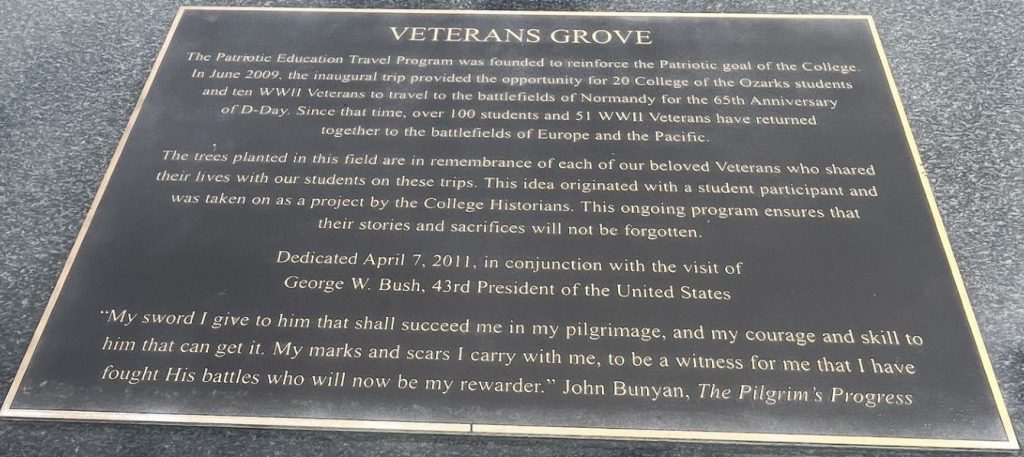 COLLEGE OF THE OZARKS VETERANS GROVE MEMORIAL PLAQUE