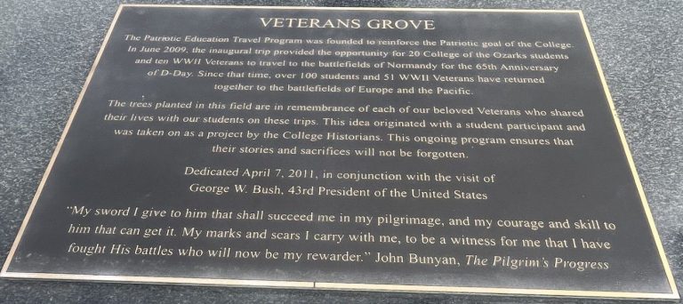 COLLEGE OF THE OZARKS VETERANS GROVE MEMORIAL PLAQUE