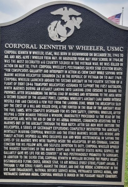 CORPORAL KENNITH W WHEELER USMC WAR MEMORIAL MARKER