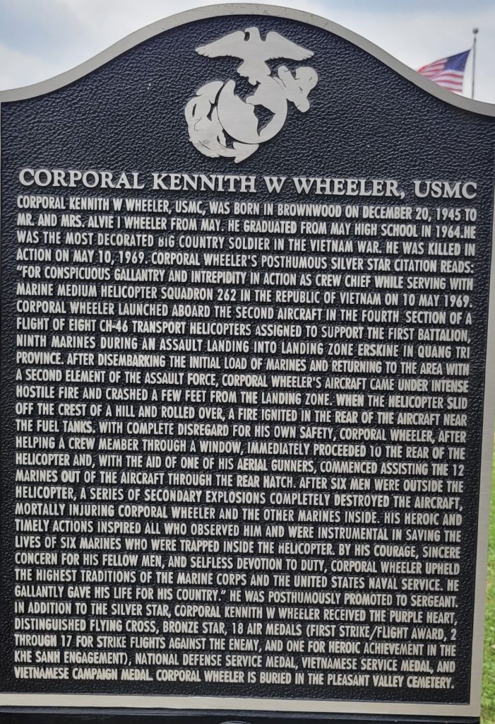 CORPORAL KENNITH W WHEELER USMC WAR MEMORIAL MARKER