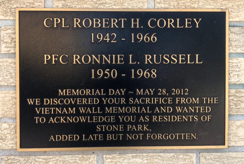 CPL ROBERT H. CORLEY AND PFC RONNIE L. RUSSELL WAR MEMORIAL PLAQUE