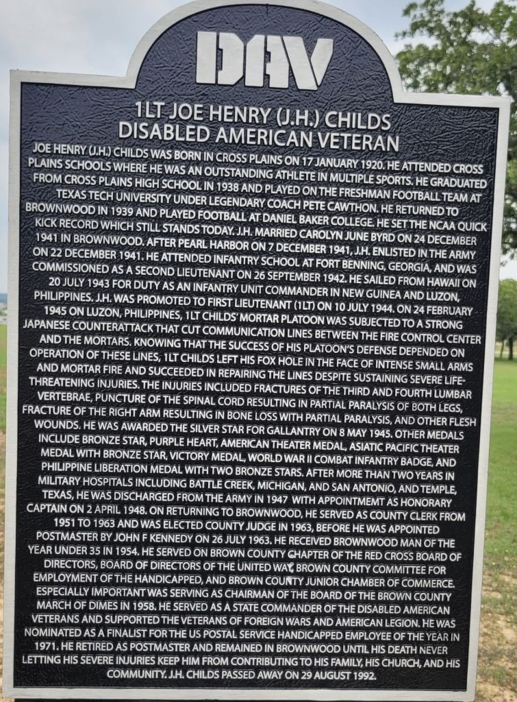 DAV 1LT JOE HENRY (J.H.) CHILDS WAR MEMORIAL MARKER