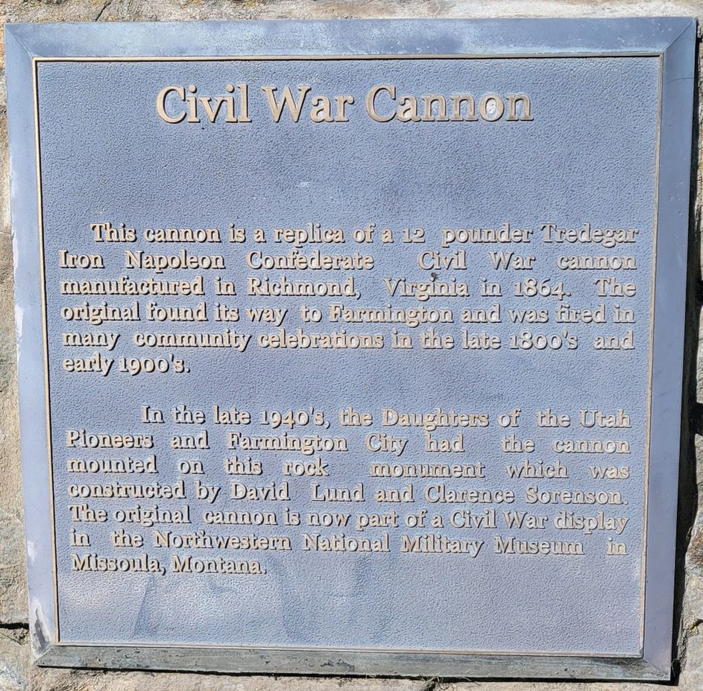 FARMINGTON, UT CIVIL WAR CANNON MEMORIAL PLAQUE