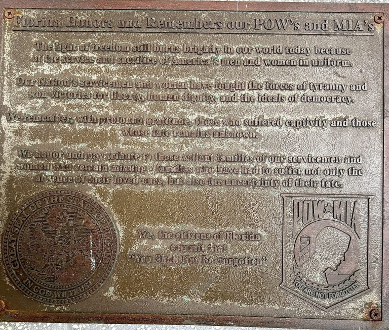 FLORIDA HONORS AND REMEMBERS OUR POW’S AND MIA’S MEMORIAL PLAQUE SAINT PETERSBURG