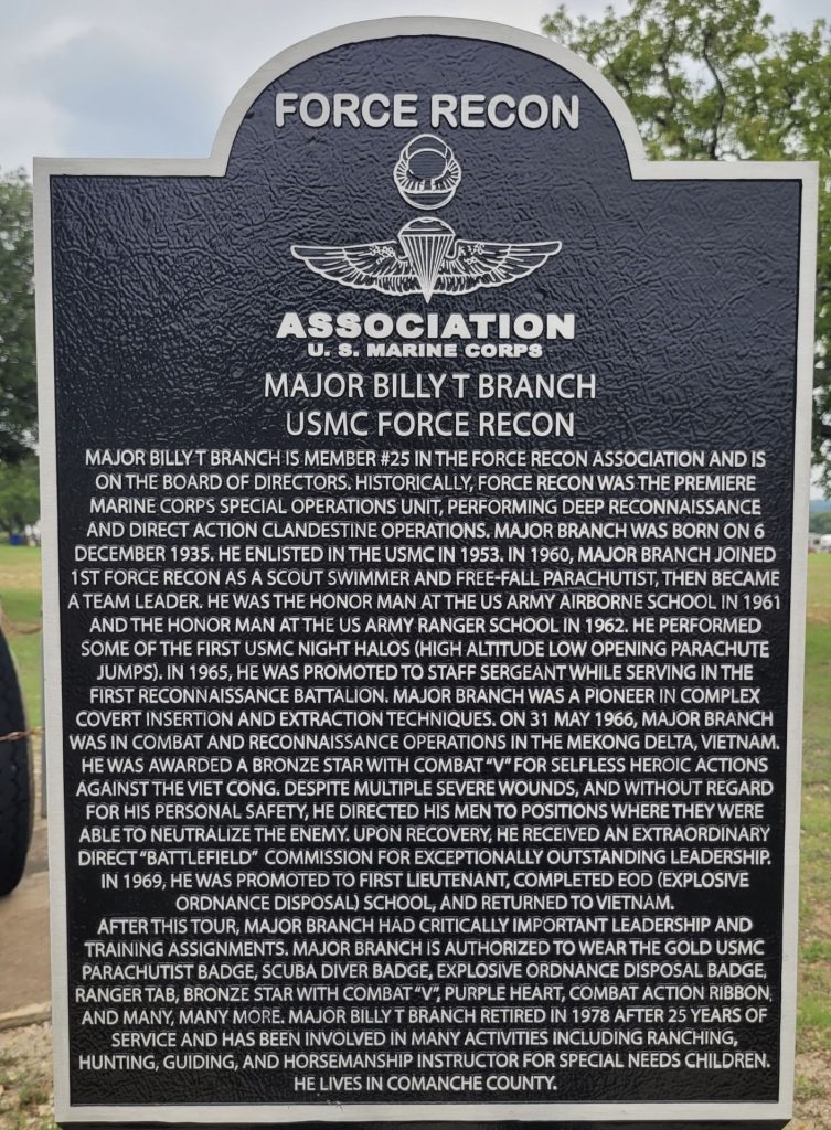 FORCE RECON ASSOCIATION MAJOR BILLY T BRANCH MEMORIAL MARKER