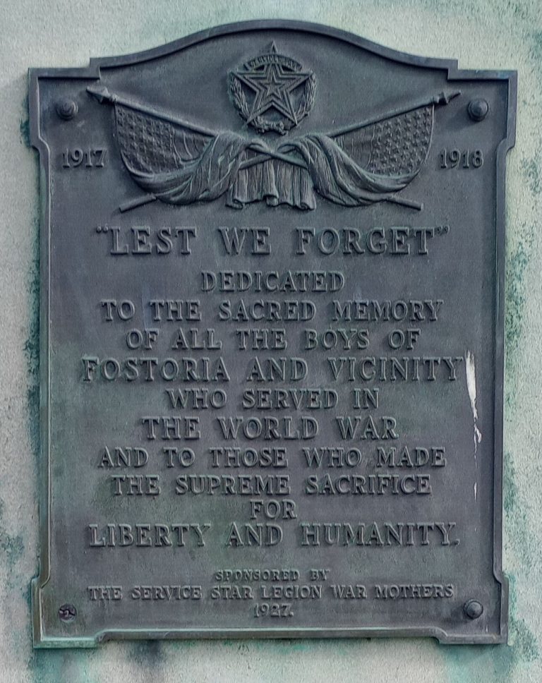 FOSTORIA AND VICINITY WORLD WAR VETERANS MEMORIAL PLAQUE