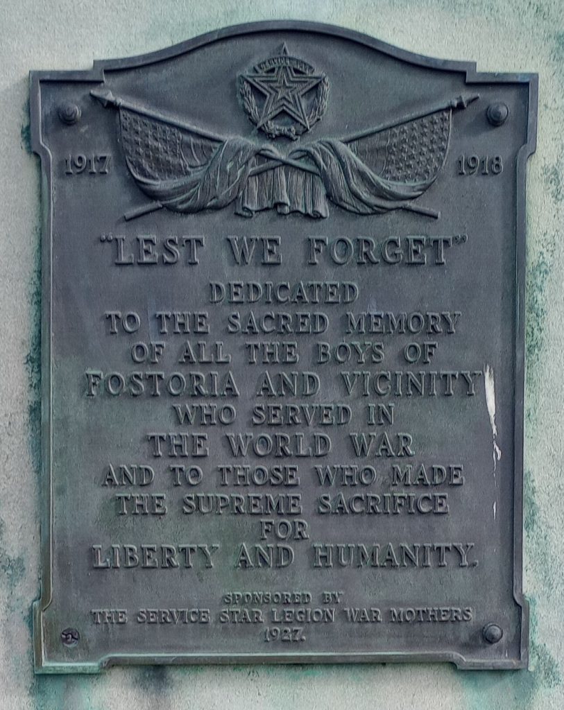 FOSTORIA AND VICINITY WORLD WAR VETERANS MEMORIAL PLAQUE