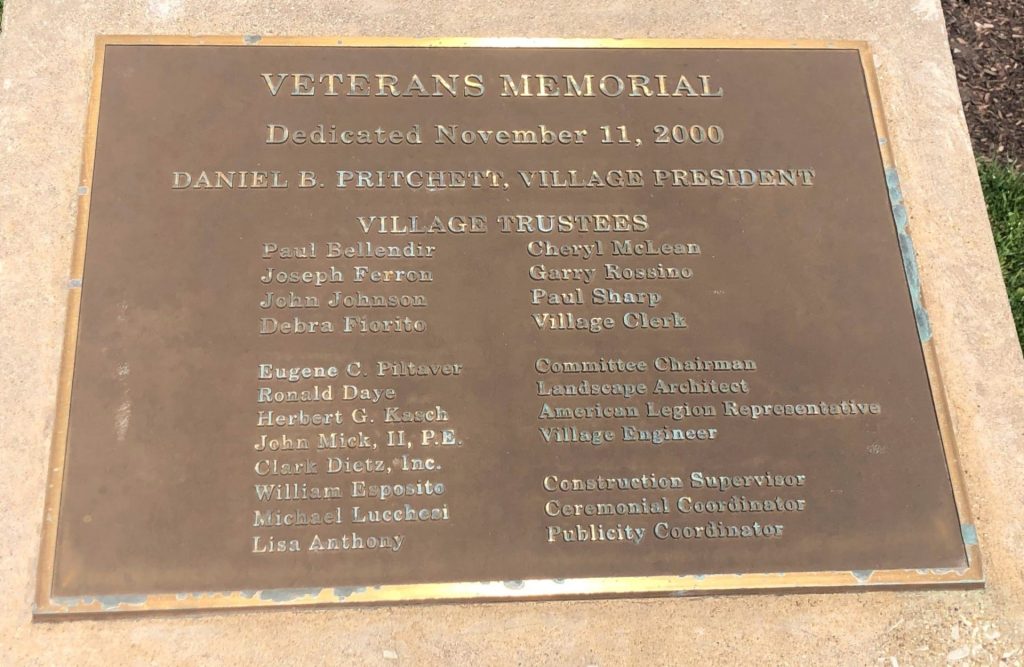 FRANKLIN PARK VETERANS MEMORIAL PLAQUE