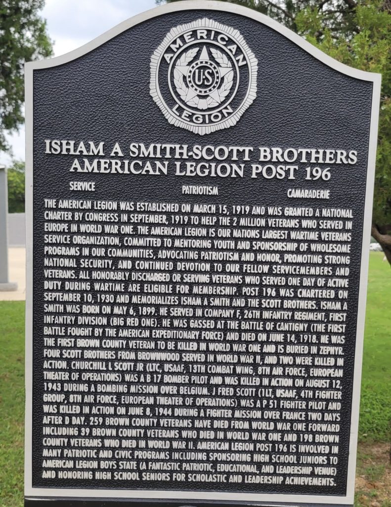 ISHAM A SMITH-SCOTT BROTHERS AMERICAN LEGION POST 196 MEMORIAL MARKER