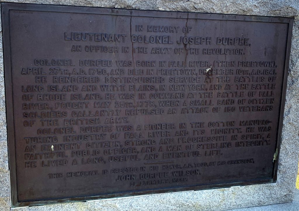 LIEUTENANT COLONEL JOSEPH DURFEE REVOLUTIONARY WAR MEMORIAL PLAQUE