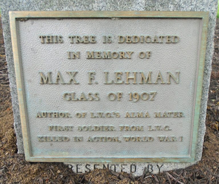 MAX F. LEHMAN WAR MEMORIAL TREE PLAQUE