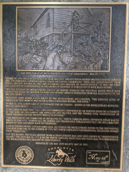 MECKLENBURG DECLARATION OF INDEPENDENCE MEMORIAL PLAQUE