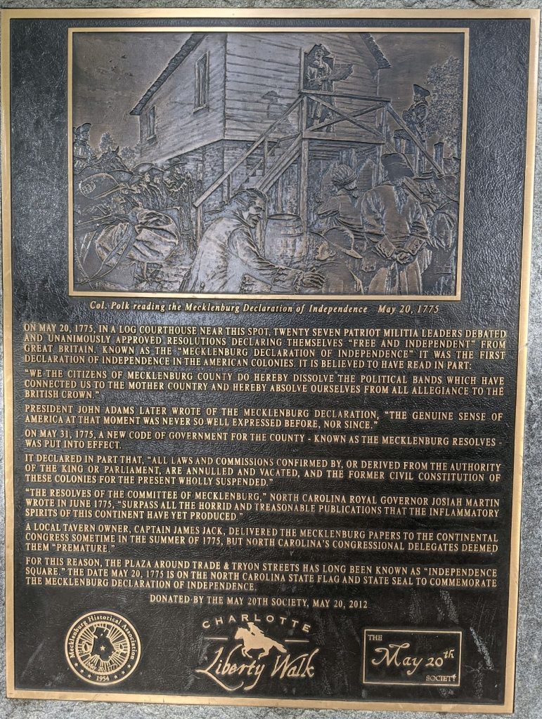 MECKLENBURG DECLARATION OF INDEPENDENCE MEMORIAL PLAQUE