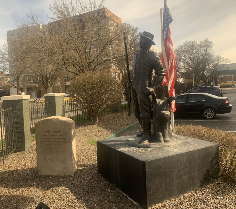 PAUL REVERE INTERCEPTED HERE BY BRITISH MEMORIAL STATUE