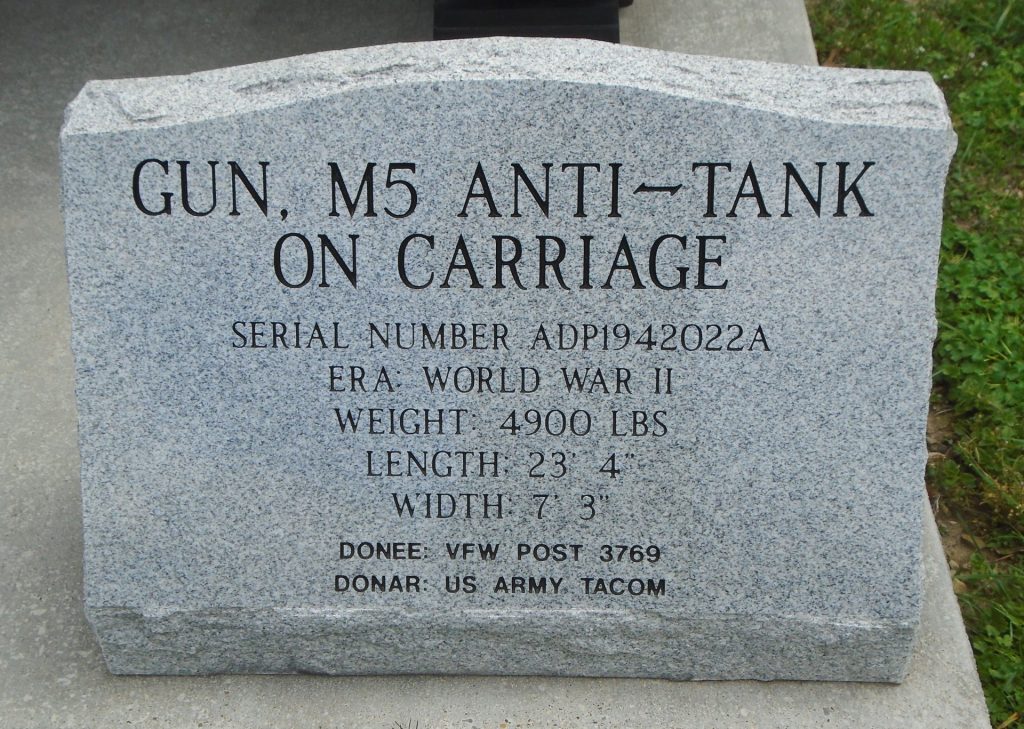PIKEVILLE GUN, M5 ANTI-TANK ON CARRIAGE MEMORIAL STONE