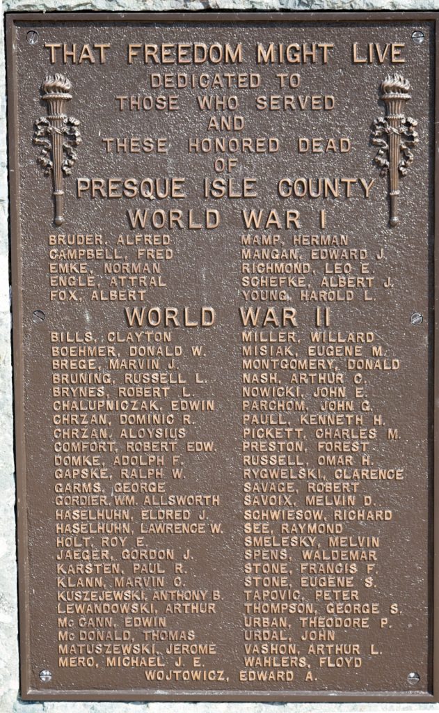 PRESQUE ISLE COUNTY WAR VETERANS MEMORIAL PLAQUE