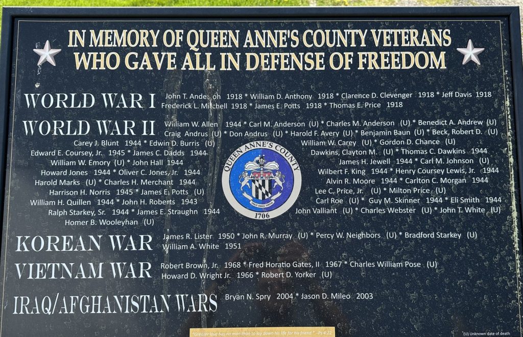 QUEEN ANNE’S COUNTY VETERANS WHO GAVE ALL WAR MEMORIAL PLAQUE C