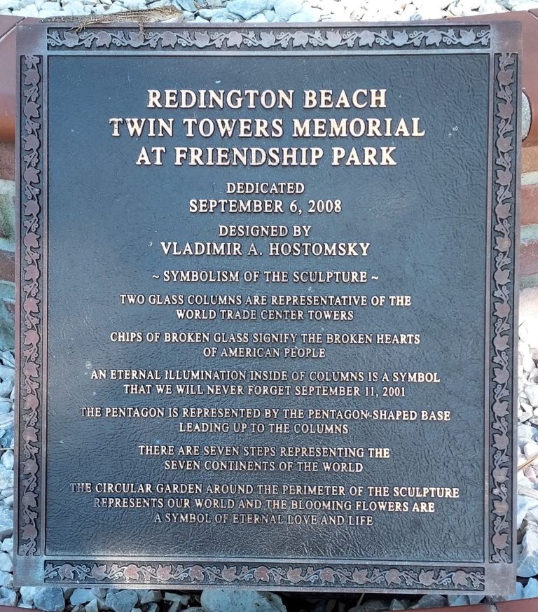REDINGTON BEACH TWIN TOWERS MEMORIAL AT FRIENDSHIP PARK PLAQUE