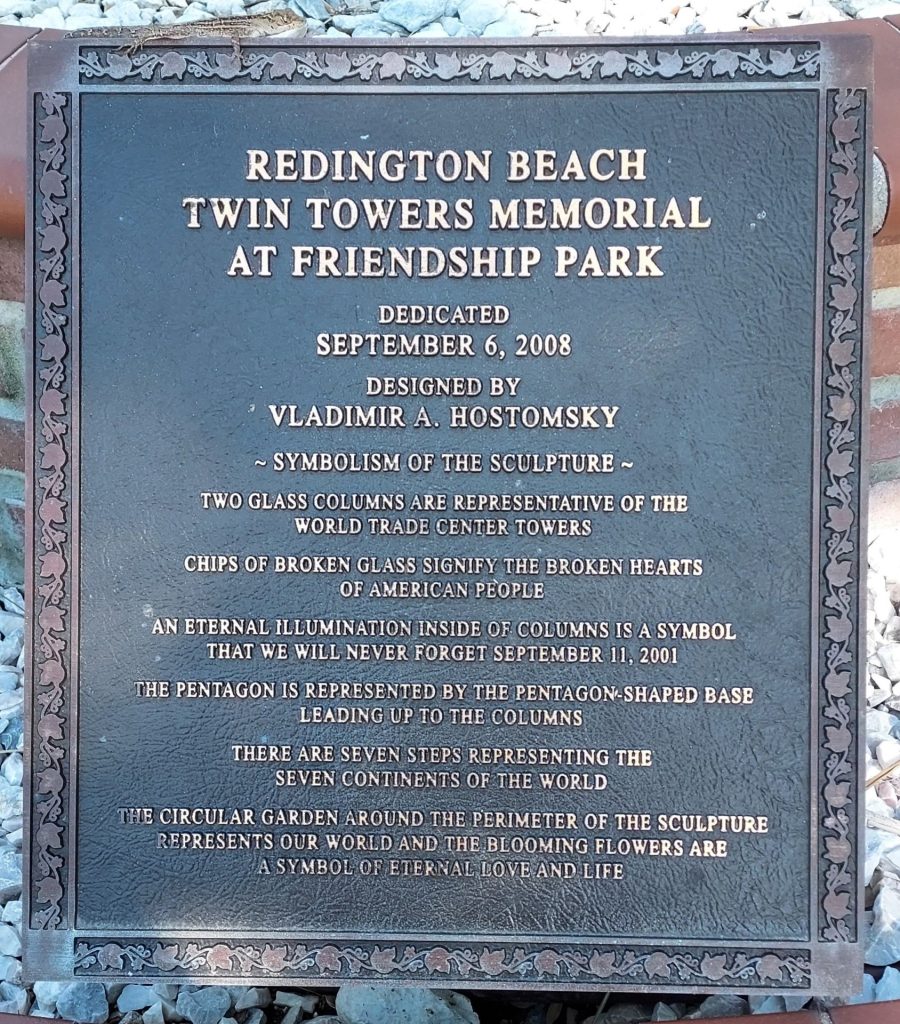 REDINGTON BEACH TWIN TOWERS MEMORIAL AT FRIENDSHIP PARK PLAQUE