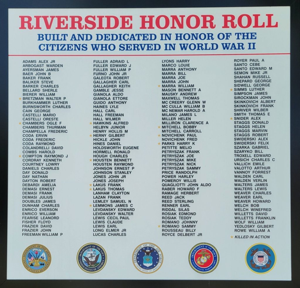 RIVERSIDE HONOR ROLL WORLD WAR II MEMORIAL PLAQUE