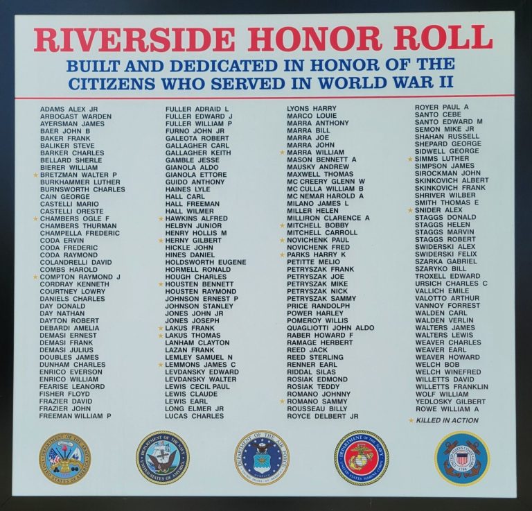 RIVERSIDE HONOR ROLL WORLD WAR II MEMORIAL PLAQUE