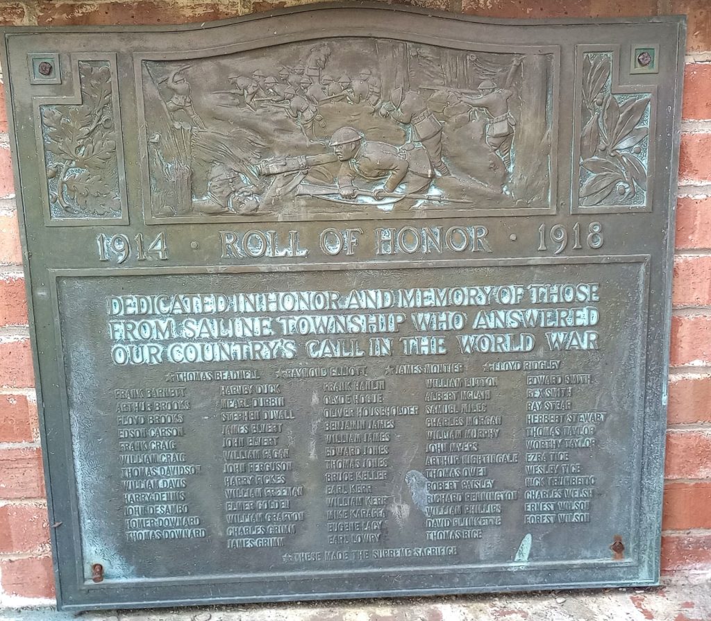 SALINE TOWNSHIP WORLD WAR ROLL OF HONOR MEMORIAL PLAQUE