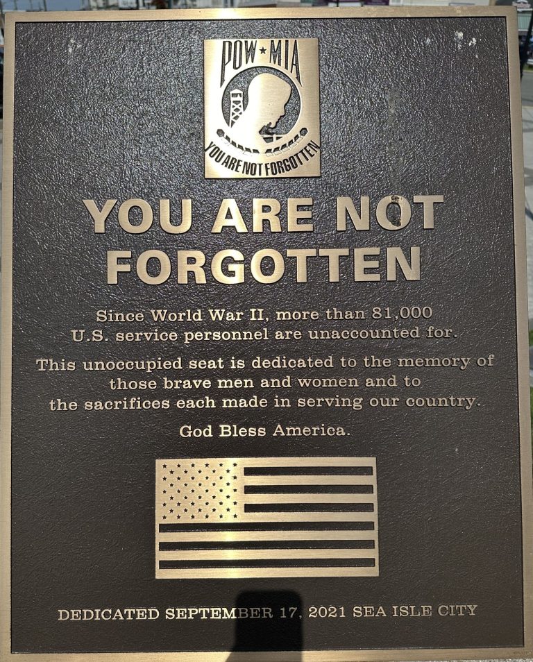 SEA ISLE CITY YOU ARE NOT FORGOTTEN WAR MEMORIAL CHAIR PLAQUE