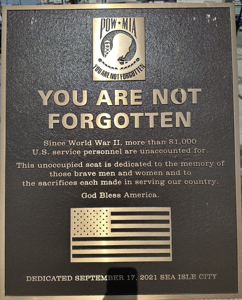 SEA ISLE CITY YOU ARE NOT FORGOTTEN WAR MEMORIAL CHAIR PLAQUE