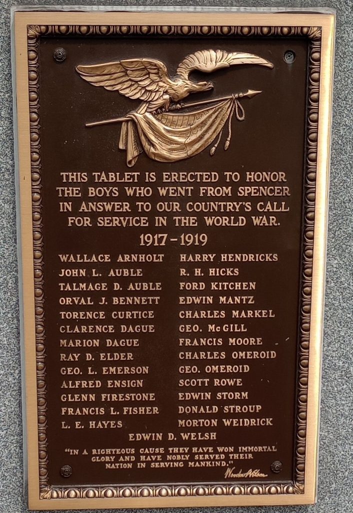 SPENCER, OH WORLD WAR MEMORIAL PLAQUE