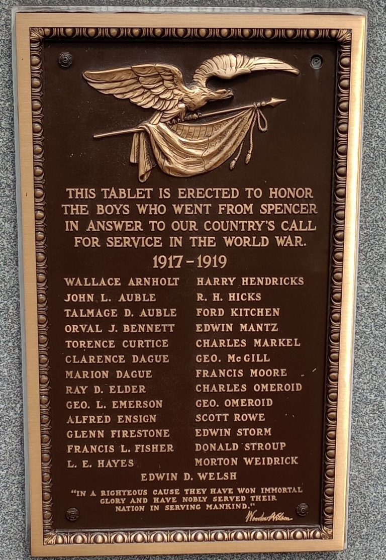 SPENCER, OH WORLD WAR MEMORIAL PLAQUE