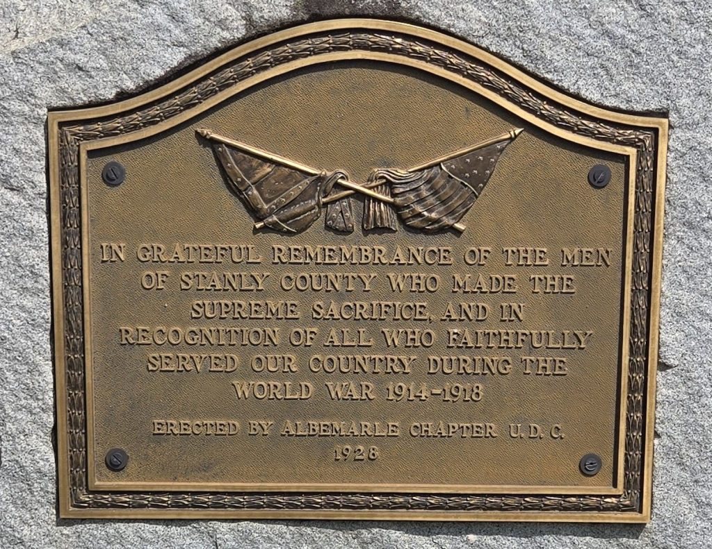 STANLY COUNTY SUPREME SACRIFICE WORLD WAR MEMORIAL PLAQUE