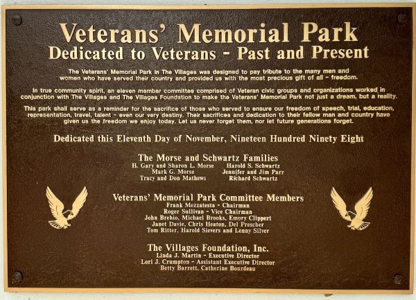 THE VILLAGES VETERAN’S MEMORIAL PARK PLAQUE