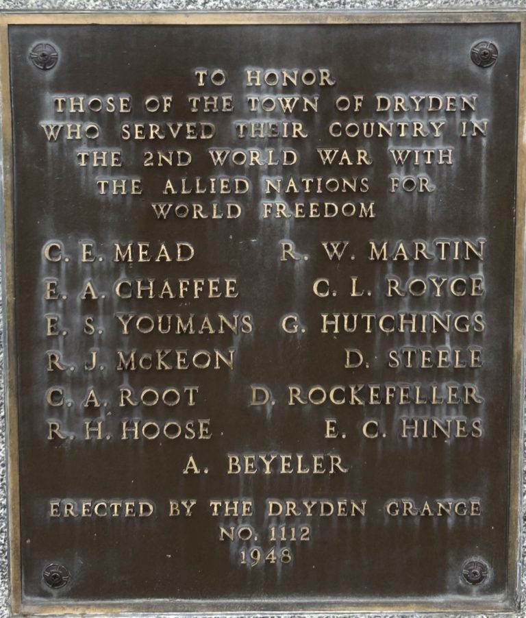 TOWN OF DRYDEN 2ND WORLD WAR MEMORIAL FLAGPOLE PLAQUE