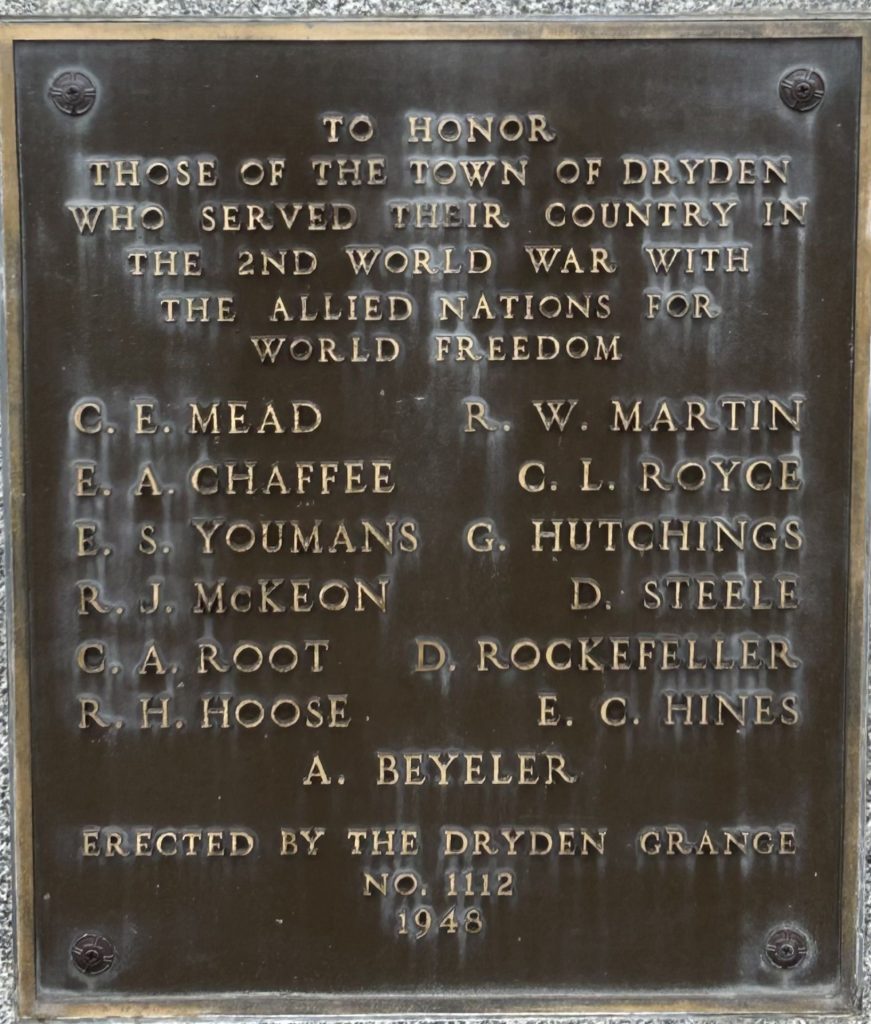TOWN OF DRYDEN 2ND WORLD WAR MEMORIAL FLAGPOLE PLAQUE