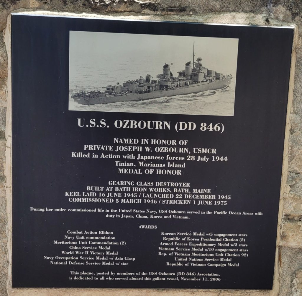 U.S.S. OZBOURN (DD-846) MEDAL OF HONOR WAR MEMORIAL PLAQUE