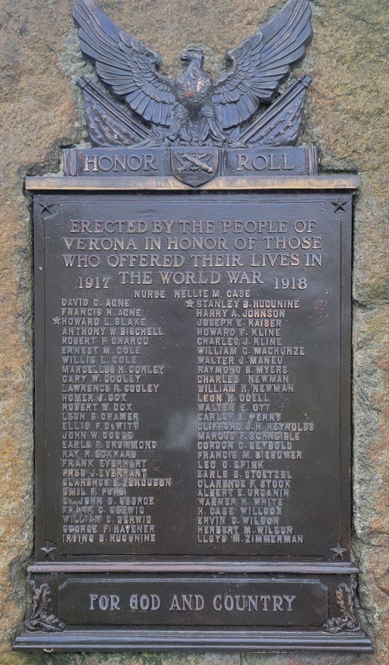 VERONA WORLD WAR I MEMORIAL PLAQUE