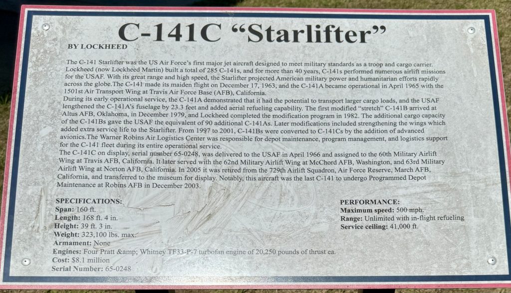 WARNER ROBINS C-141C “STARLIFTER” MEMORIAL AIRCRAFT PLAQUE