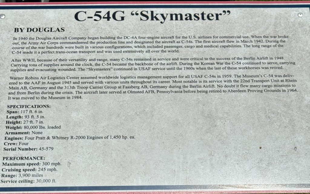 WARNER ROBINS C-54G “SKYMASTER” MEMORIAL AIRCRAFT PLAQUE