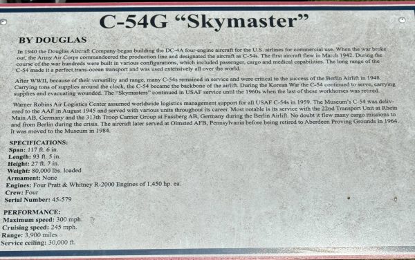 WARNER ROBINS C-54G “SKYMASTER” MEMORIAL AIRCRAFT PLAQUE