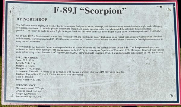 WARNER ROBINS F-89J “SCORPION” MEMORIAL AIRCRAFT PLAQUE