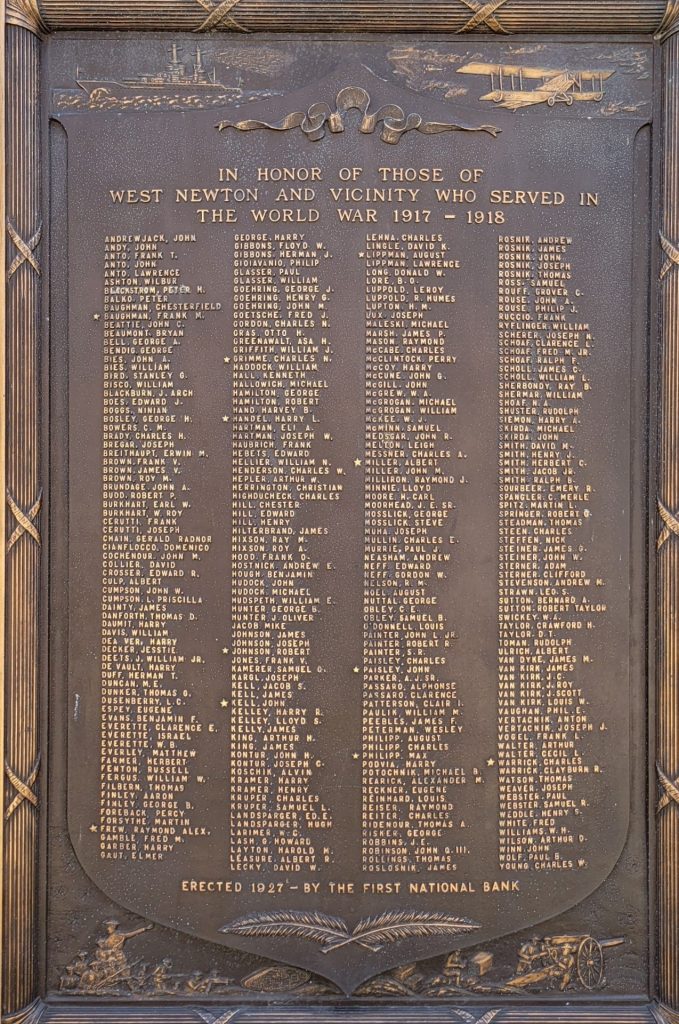 WEST NEWTON AND VICINITY WORLD WAR MEMORIAL PLAQUE