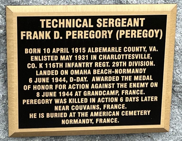 TECHNICAL SERGEANT FRANK D. PEREGORY MEDAL OF HONOR WAR MEMORIAL PLAQUE