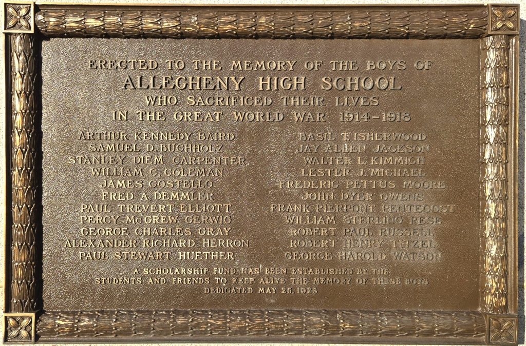 ALLEGHENY HIGH SCHOOL SUPREME SACRIFICE GREAT WORLD WAR MEMORIAL PLAQUE