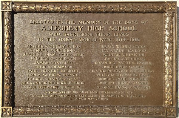 ALLEGHENY HIGH SCHOOL SUPREME SACRIFICE GREAT WORLD WAR MEMORIAL PLAQUE