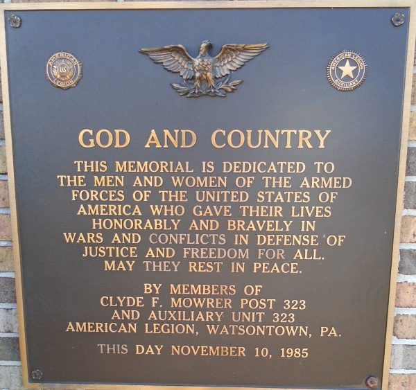 AMERICAN LEGION POST 323 GOD AND COUNTRY MEMORIAL PLAQUE