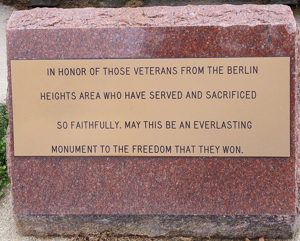 BERLIN HEIGHTS VETERANS MEMORIAL CANNON PLAQUE