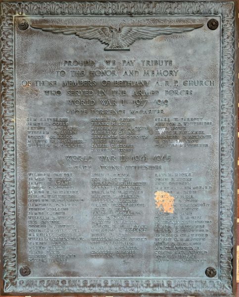 BETHANY A.R.P. CHURCH WAR VETERANS MEMORIAL PLAQUE