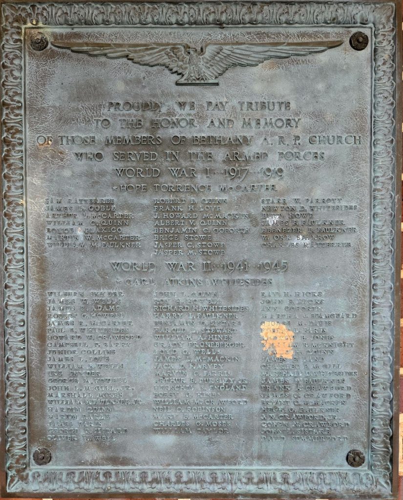 BETHANY A.R.P. CHURCH WAR VETERANS MEMORIAL PLAQUE