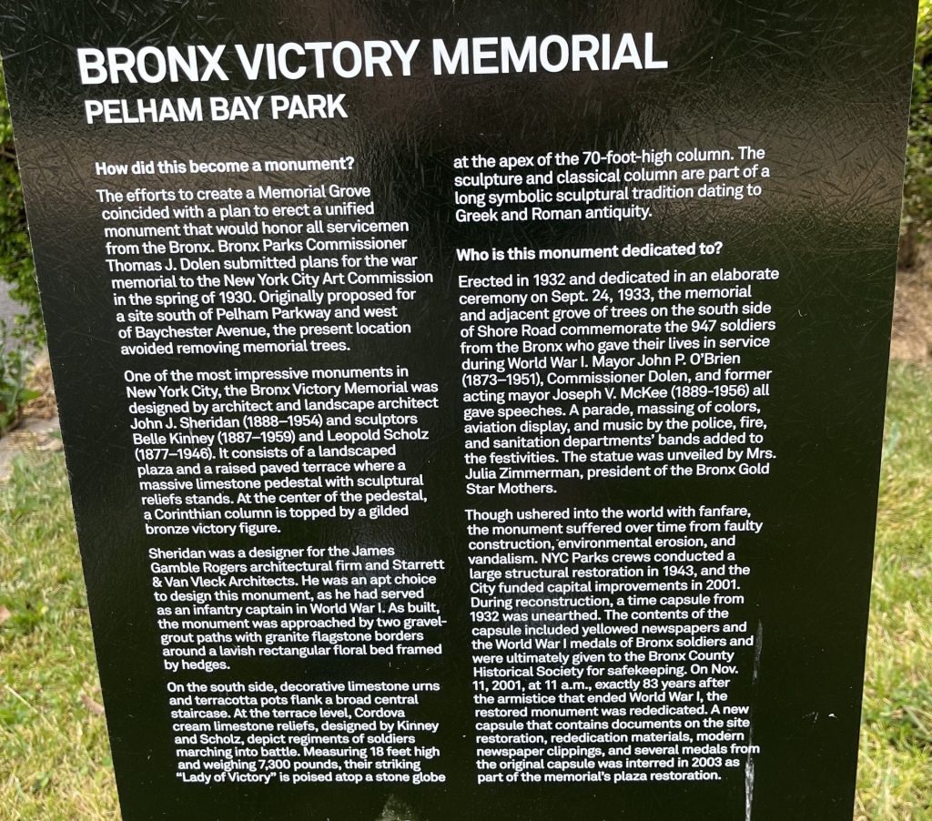 BRONX VICTORY MEMORIAL COLUMN PLAQUE