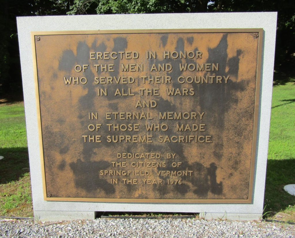CITIZENS OF SPRINGFIELD, VERMONT SUPREME SACRIFICE WAR MEMORIAL